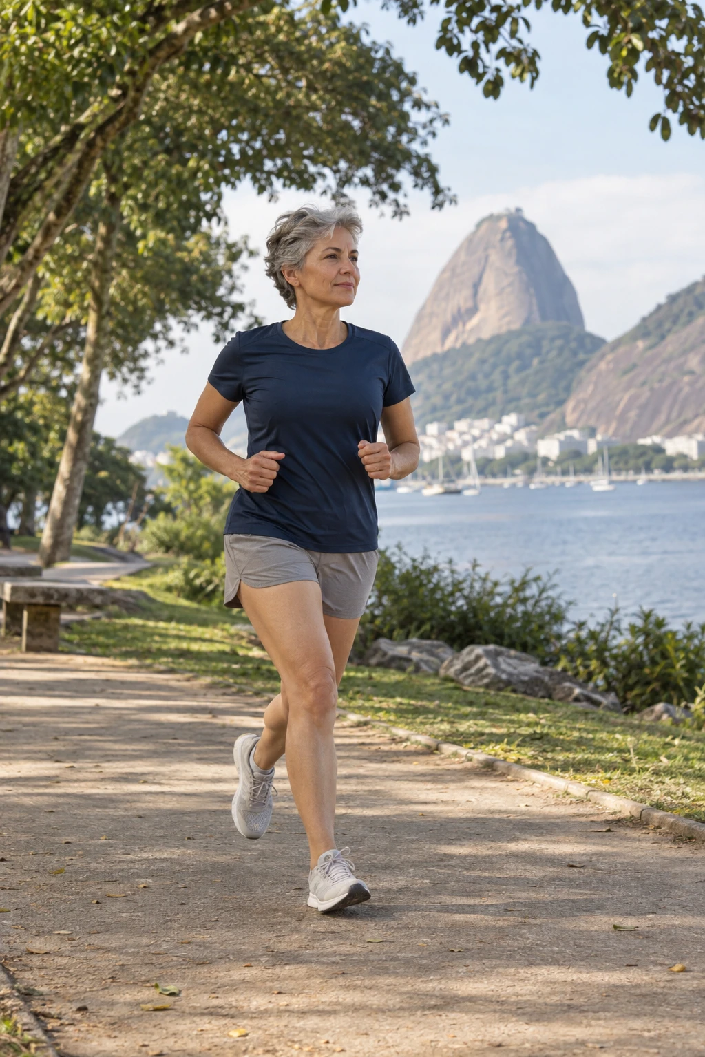 Mulher de cabelos grisalhos correndo em ritmo recreativo em um parque, fotografada de corpo inteiro.