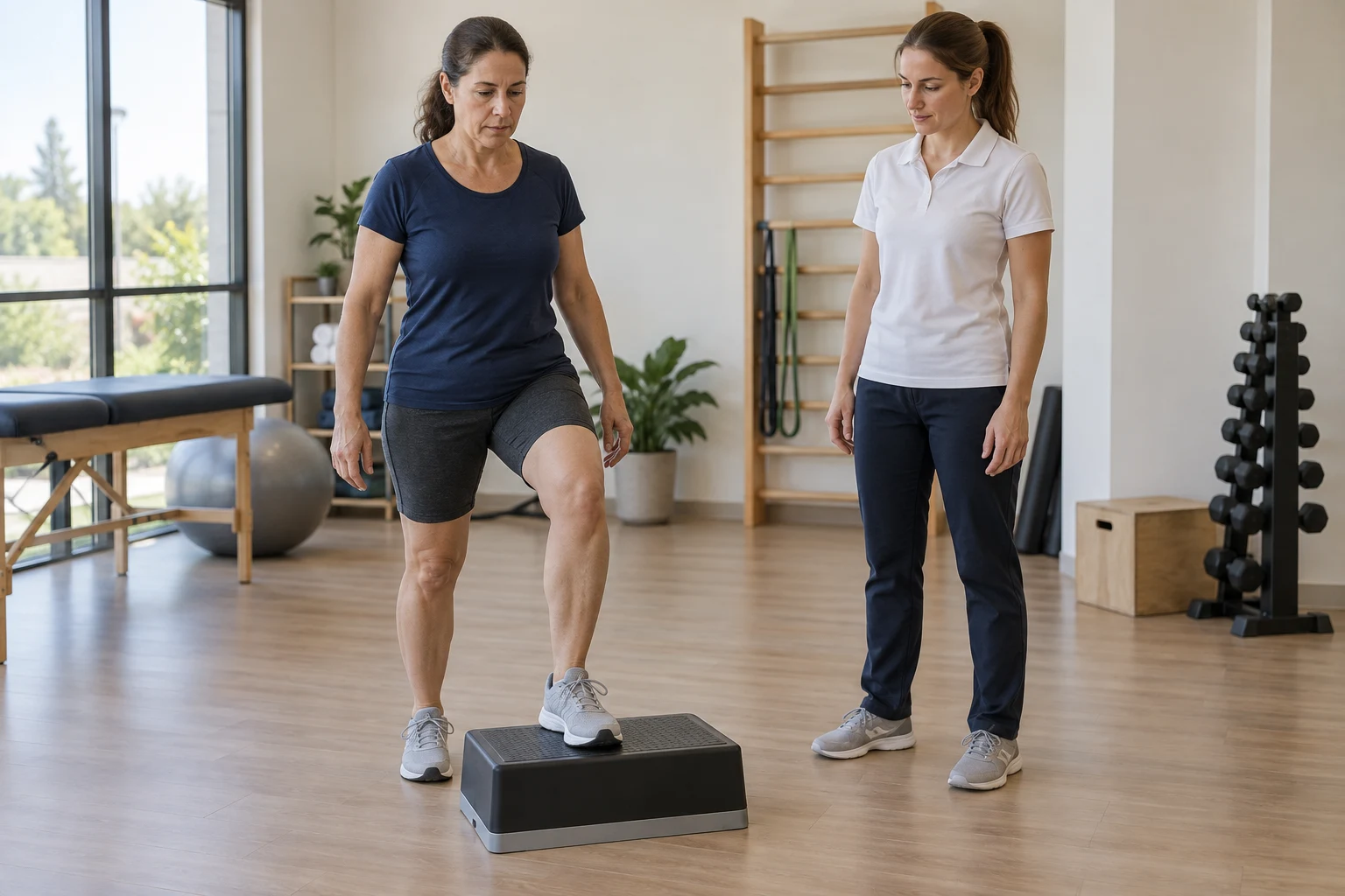 Mulher realizando um exercício em degrau baixo, acompanhada por uma fisioterapeuta.