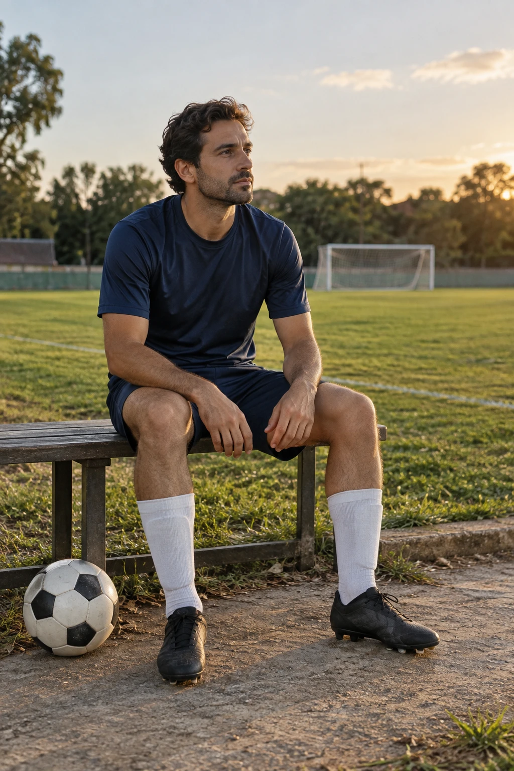 Jogador amador sentado ao lado de um campo de futebol, em uma pausa reflexiva.